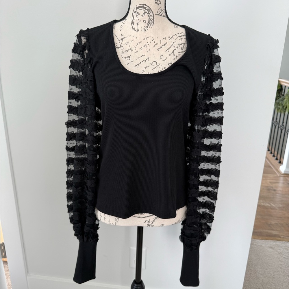 NWT Dolan Black Blouse Puff Sleeves w/ Polka Dots and Ruffles